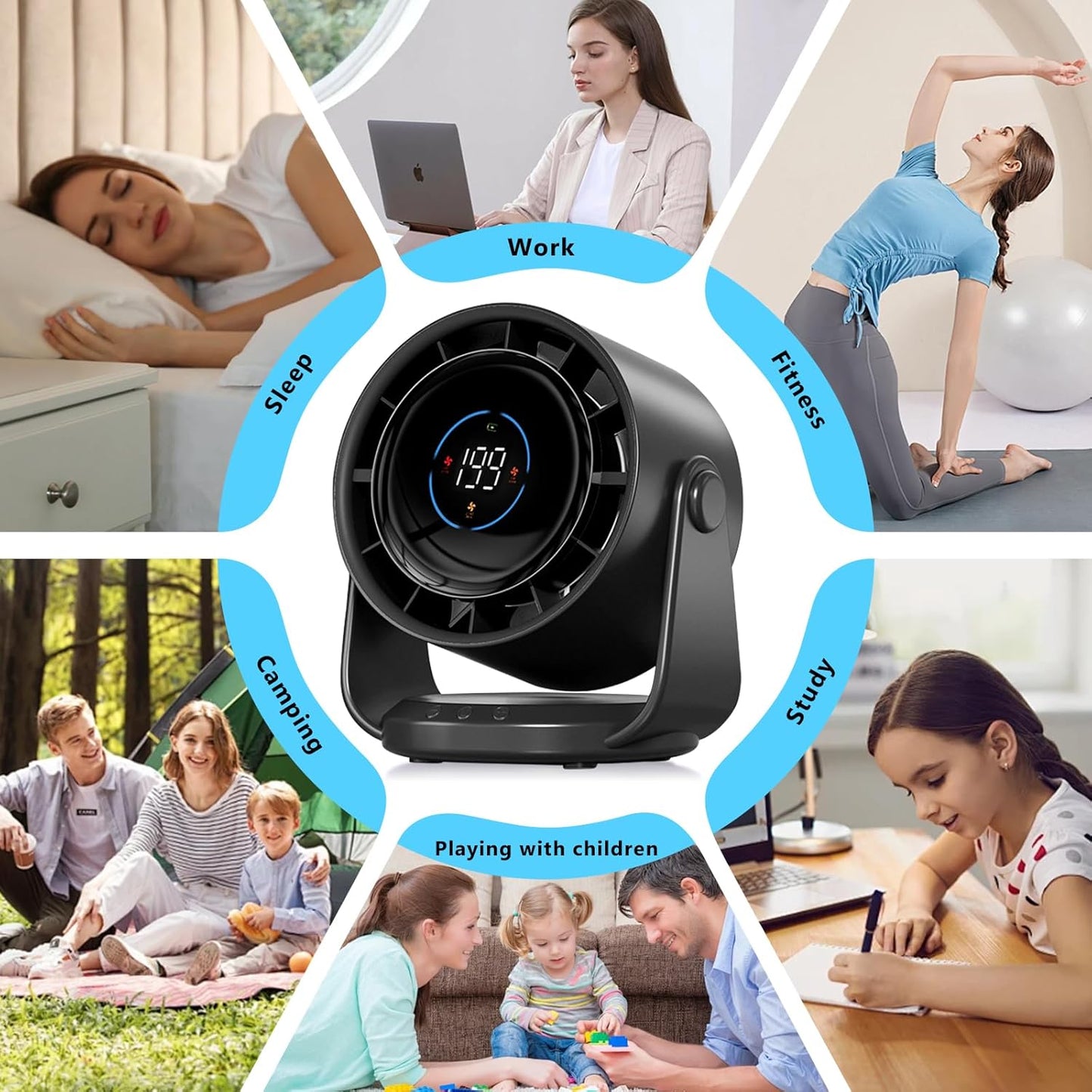 Desk Fan for Bedroom, Air Circulator Fan for Whole Room, 25Db Ultra Quiet, Rechargeable, 120° Tilt,199 Speeds Strong Airflow, LED Display, Table Fan for Office Kitchen Home Kitchen Dorm Bedside Black