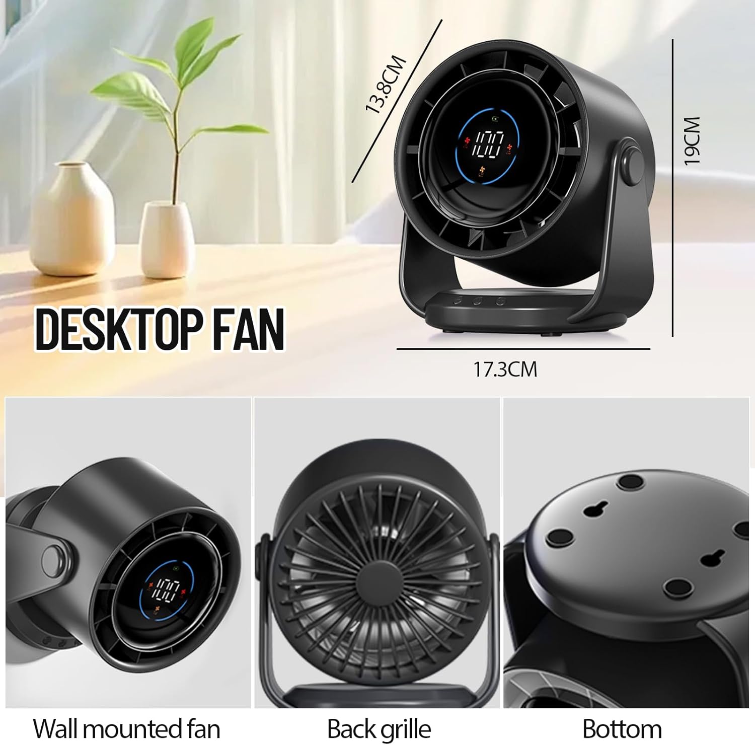 Desk Fan for Bedroom, Air Circulator Fan for Whole Room, 25Db Ultra Quiet, Rechargeable, 120° Tilt,199 Speeds Strong Airflow, LED Display, Table Fan for Office Kitchen Home Kitchen Dorm Bedside Black